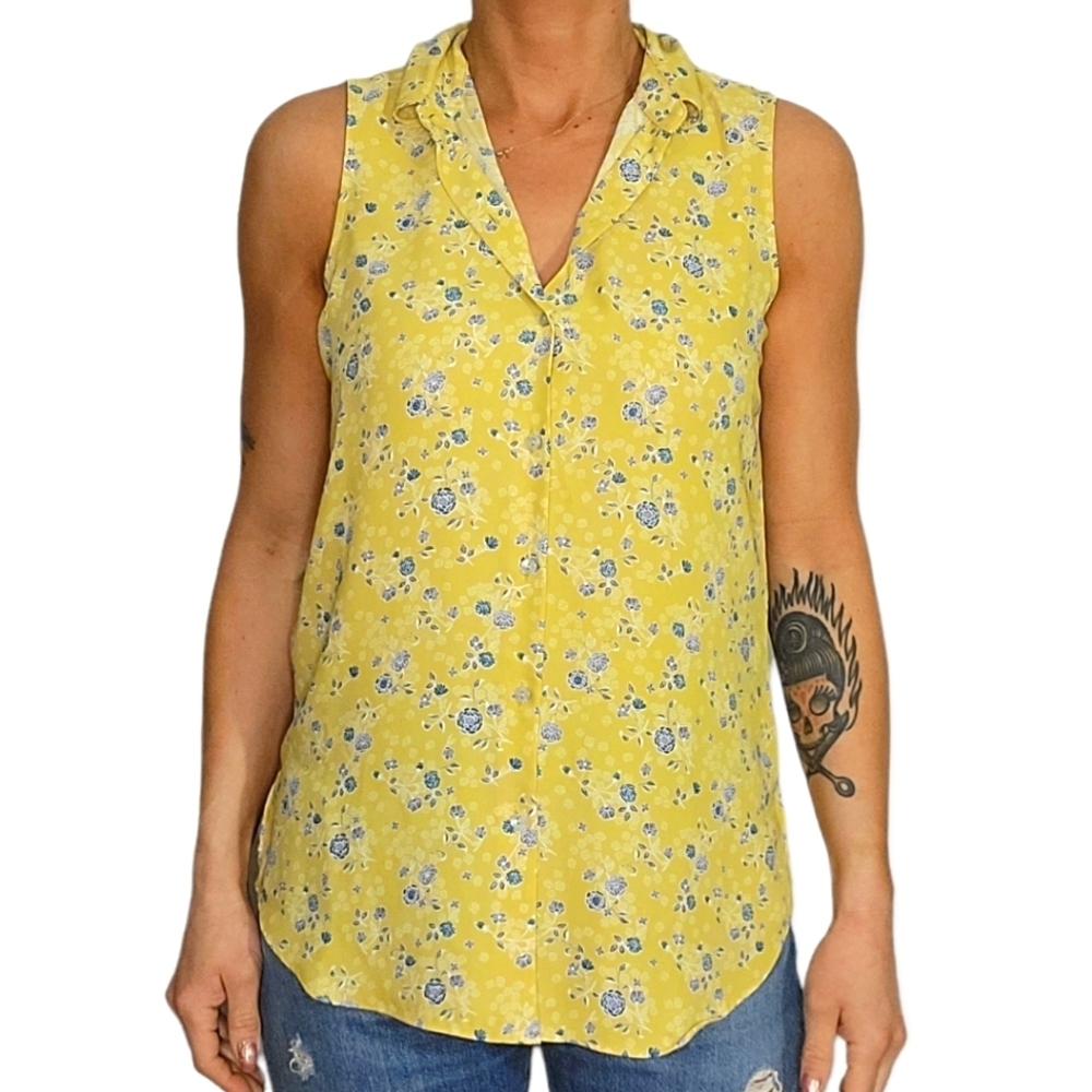 Rachel Zoe Button Up Blouse Size X Small Yellow Tank Blue Flowers Sleeveless